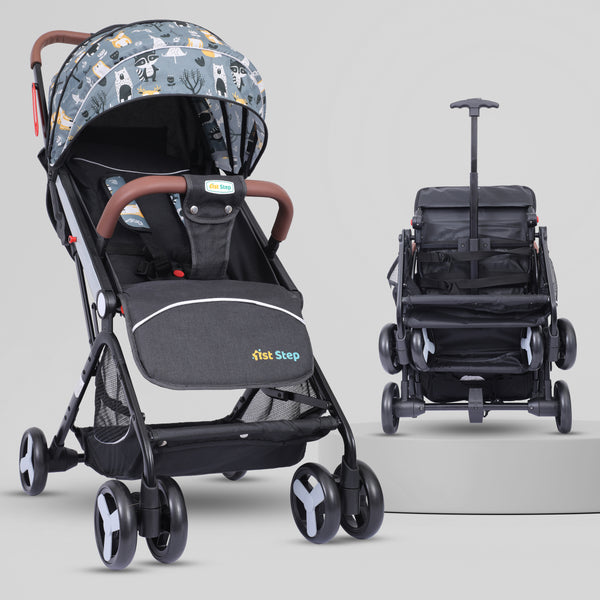 1st Step Aura Stroller with Portable Travel Friendly Trolley and Compact Fold (Grey Printed)