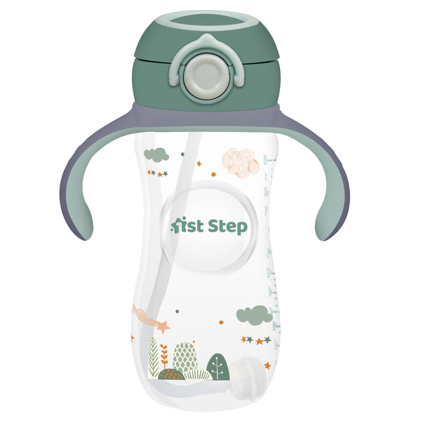 1st Step 330 ml BPA Free Anti-Spill Soft Silicone Weighted Straw Baby Sipper Cup with Twin Handle and Flip Top - Green