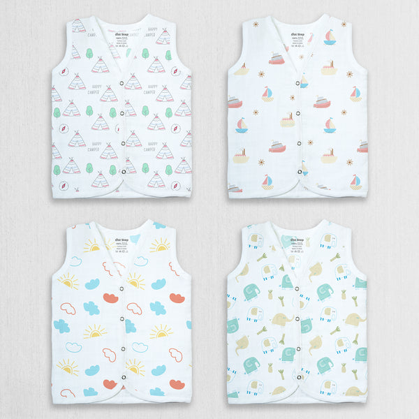 1st Step 100% Soft Muslin Cotton Snap Button Baby Jhabla - Pack Of 4 - New Born