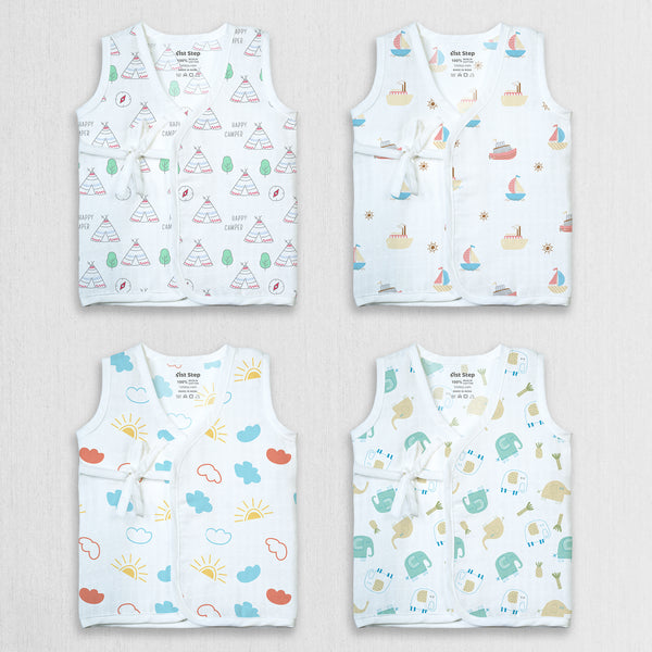 1st Step 100% Soft Muslin Cotton Side Knot Baby Jhabla - Pack Of 4 - New Born