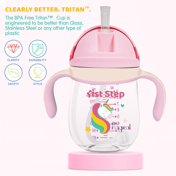 1st Step TRITAN 280 ml BPA Free Anti-Spill Soft Silicone Weighted Straw Baby Sipper Cup with Twin Handle - Pink