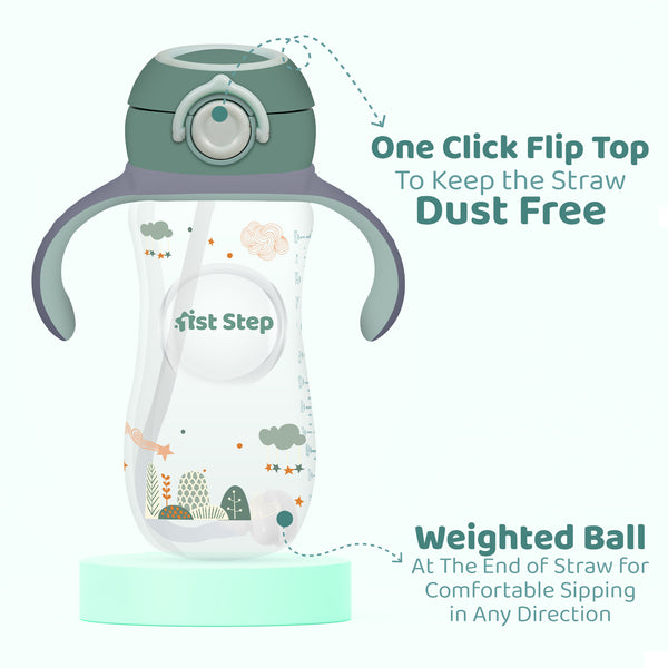 1st Step 330 ml BPA Free Anti-Spill Soft Silicone Weighted Straw Baby Sipper Cup with Twin Handle and Flip Top - Green