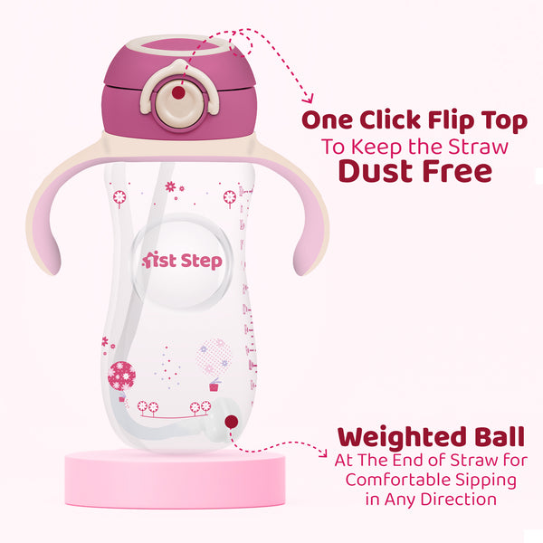 1st Step 330 ml BPA Free Anti-Spill Soft Silicone Weighted Straw Baby Sipper Cup with Twin Handle and Flip Top - Pink