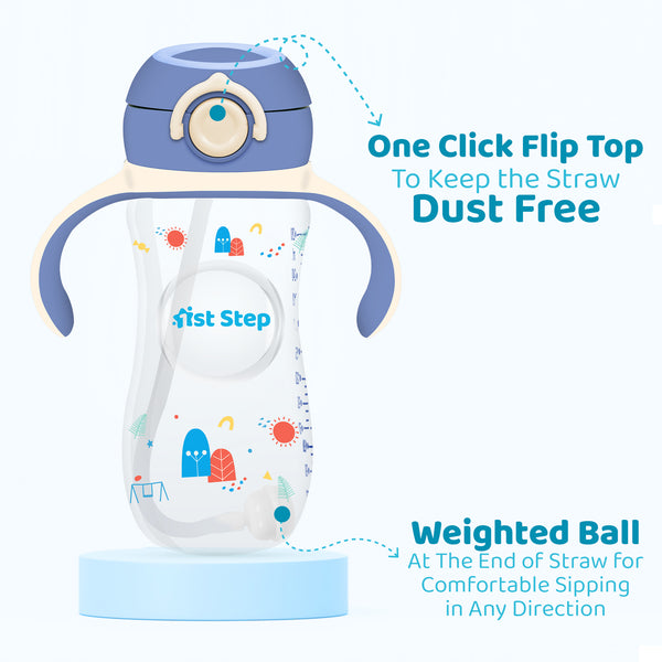 1st Step 330 ml BPA Free Anti-Spill Soft Silicone Weighted Straw Baby Sipper Cup with Twin Handle and Flip Top - Blue