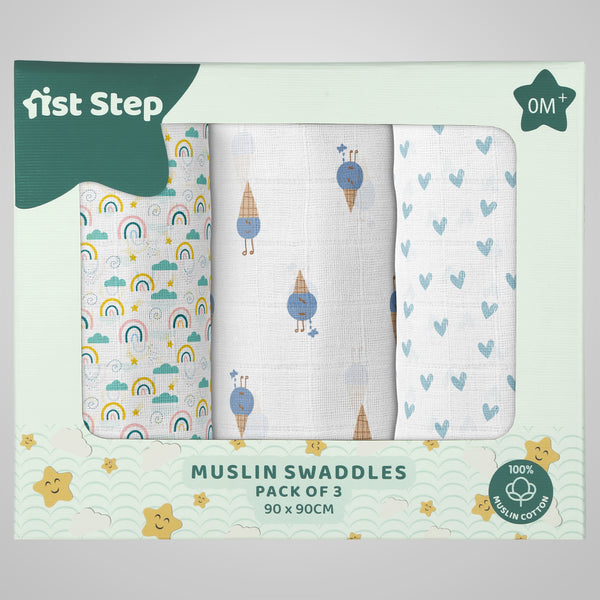 1st Step Muslin Swaddle 90cm*90cm (Pack of 3)