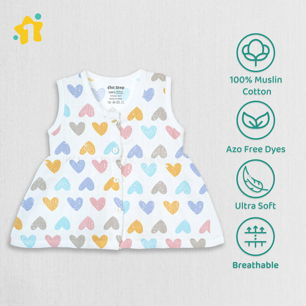 1st Step 100% Soft Muslin Cotton Button Baby Frock - Pack Of 4 - 3-6 Months