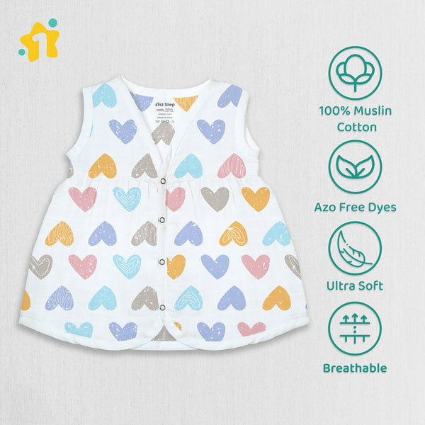 1st Step 100% Soft Muslin Cotton Snap Button Baby Frock Pack Of
