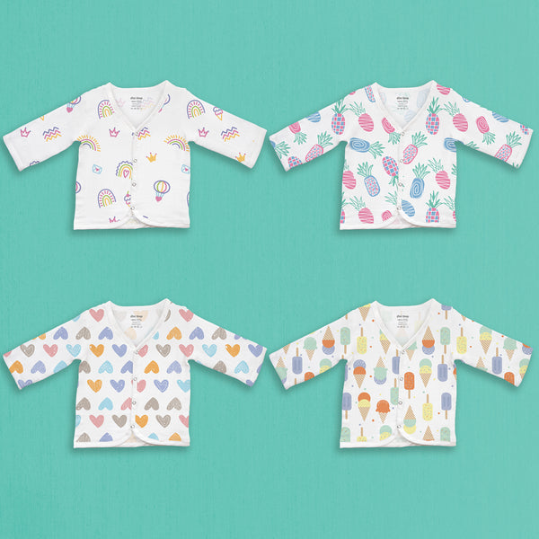 1st Step 100% Soft Muslin Cotton Snap Button Full Sleeve Baby Jhabla - Pack Of 4 - 3-6 Months