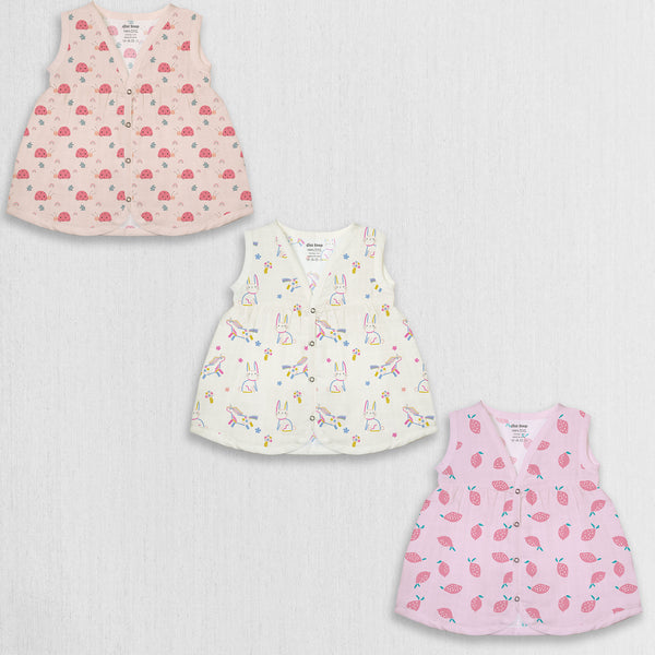 1st Step 100% Soft Muslin Cotton Snap Button Baby Frock - Pack Of 3 - 0-3 Months