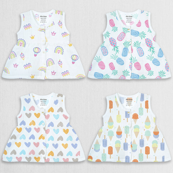 1st Step 100% Soft Muslin Cotton Button Baby Frock - Pack Of 4 - New Born