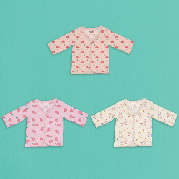 1st Step 100% Soft Muslin Cotton Snap Button Full Sleeve Baby Jhabla - Pack Of 3 - 6-9 Months