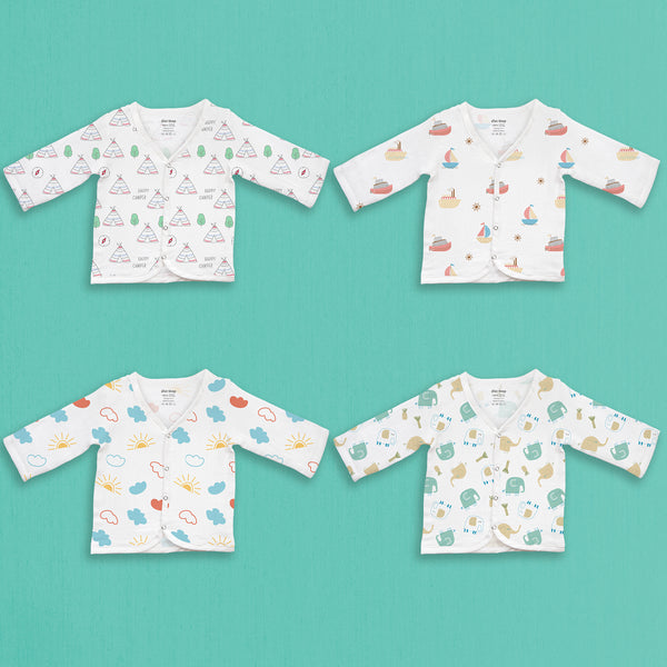 1st Step 100% Soft Muslin Cotton Snap Button Full Sleeve Baby Jhabla - Pack Of 4 - New Born