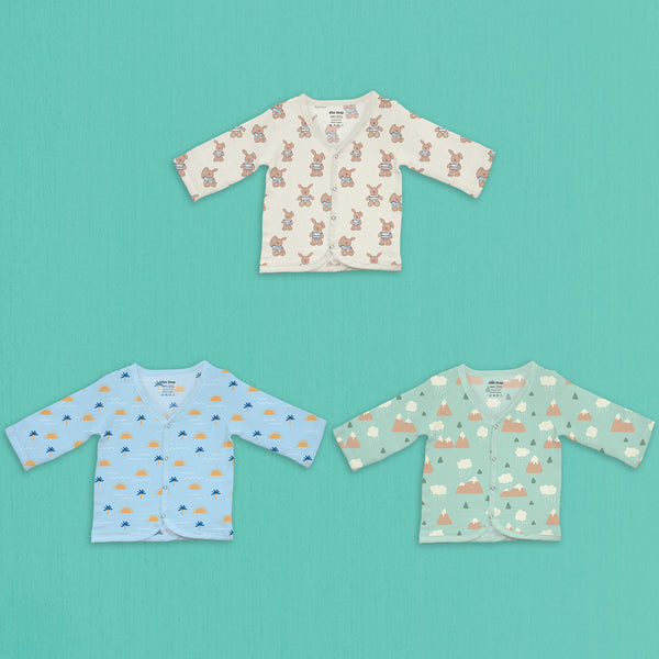 1st Step 100% Soft Muslin Cotton Snap Button Full Sleeve Baby Jhabla - Pack Of 3 - 3-6 Months