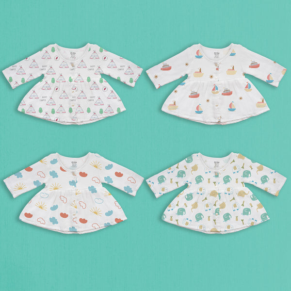 1st Step 100% Soft Muslin Cotton Button Full Sleeve Baby Frock - Pack Of 4 - 3-6 Months