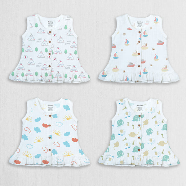 1st Step 100% Soft Muslin Cotton Button Baby Frill Frock - Pack Of 4 - 0-3 Months