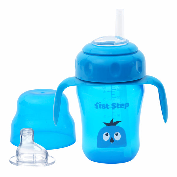 1st Step 210ml Birdie BPA Free Non-SpiII Interchangeable Sipper / Sippy Cup with Soft Silicone Spout And Straw-Blue