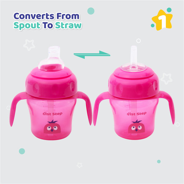 1st Step 150ml Birdie BPA Free Non-SpiII Interchangeable Sipper / Sippy Cup with Soft Silicone Spout And Straw-Pink