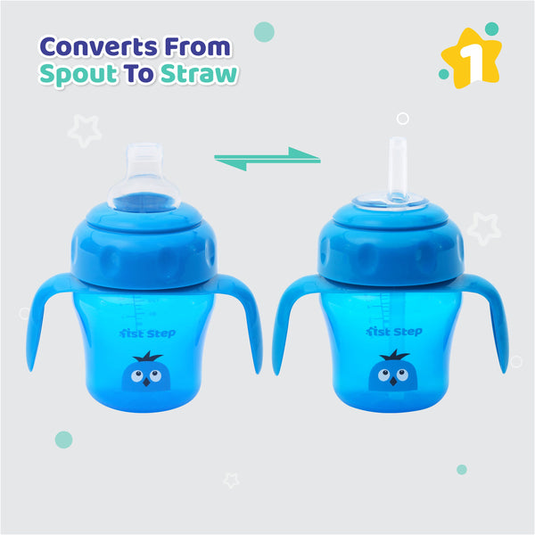 1st Step 150ml Birdie BPA Free Non-SpiII Interchangeable Sipper / Sippy Cup with Soft Silicone Spout And Straw-Blue