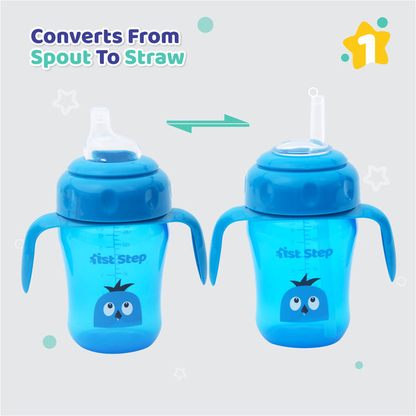1st Step 210ml Birdie BPA Free Non-SpiII Interchangeable Sipper / Sippy Cup with Soft Silicone Spout And Straw-Blue