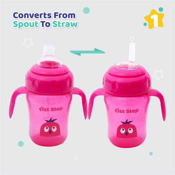 1st Step 210ml Birdie BPA Free Non-SpiII Interchangeable Sipper / Sippy Cup with Soft Silicone Spout And Straw-Pink
