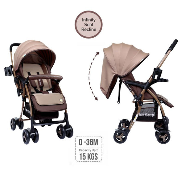 1st Step Caramel Baby Pram Cum Stroller with 5 Point Safety Harness/Infinitely Reclining and Cushioned Seat/Reversible Handle/Front Swivel Wheels