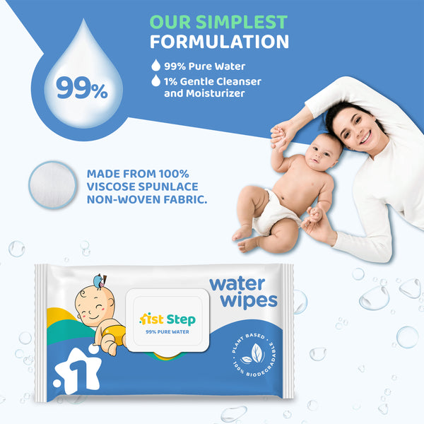 1st Step 99% Pure Water Wipes With Lid, Made With Organic 100% Biodegradable Fabric (144 Wipes)
