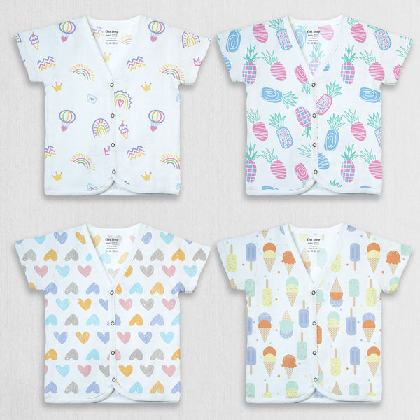 1st Step 100% Soft Muslin Cotton Snap Button Half Sleeve Baby Jhabla - Pack Of 4 - New Born