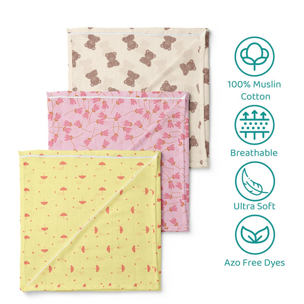 1st Step 100% Cotton Muslin Baby Swaddle Set, Pack of 3, Size-120cm x 100cm