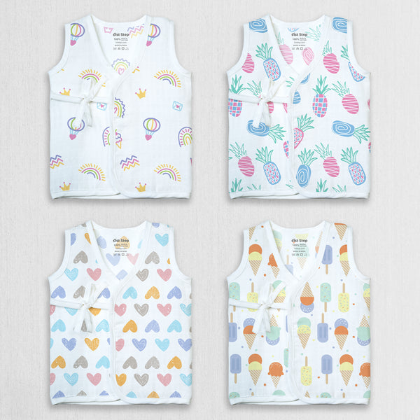 1st Step 100% Soft Muslin Cotton Side Knot Baby Jhabla - Pack Of 4 - New Born