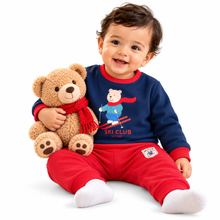 1st Step Baby Boy Sweatshirt and Jogger Set | 100% Cotton Looper Knit Winter Outfit | Navy Blue and Red 2-Piece Tracksuit with Skiing Bear Graphic