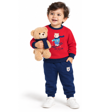 1st Step Baby Boy Sweatshirt and Jogger Set | 100% Cotton Looper Knit Winter Outfit | Red and Navy Blue 2-Piece Tracksuit with Skiing Bear Graphic