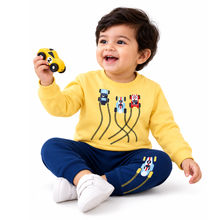 1st Step Baby Boy Sweatshirt and Jogger Set | 100% Cotton 2-Piece Tracksuit with Racing Car Print | Light Yellow Sweatshirt and Navy Blue Joggers - Winter Wear