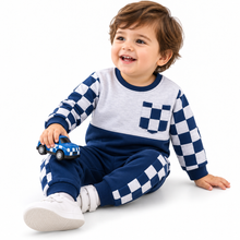 1st Step Baby Boy Winter Sweatshirt and Jogger Set | 100% Cotton Looper Knit Co-ord | Full Sleeve Top with Checkerboard Sleeves and Matching Pants | Navy-blue & Grey Melange Winter Set