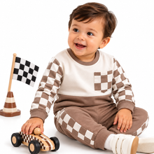 1st Step Baby Boy Winter Sweatshirt and Jogger Set | 100% Cotton Looper Knit Co-ord | Full Sleeve Top with Checkerboard Sleeves and Matching Pants | Cream & Brown Winter Set