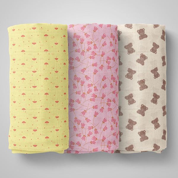 1st Step 100% Cotton Muslin Baby Swaddle Set, Pack of 3, Size-120cm x 100cm
