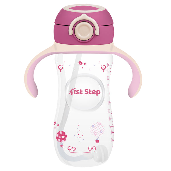 1st Step 330 ml BPA Free Anti-Spill Soft Silicone Weighted Straw Baby Sipper Cup with Twin Handle and Flip Top - Pink