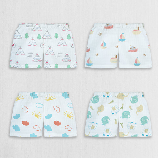 1st Step 100% Soft Muslin Cotton Baby Shorts - Pack of 4- 3-6 Months