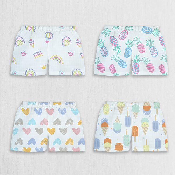 1st Step 100% Soft Muslin Cotton Baby Shorts - Pack of 4 - 0-3 Months