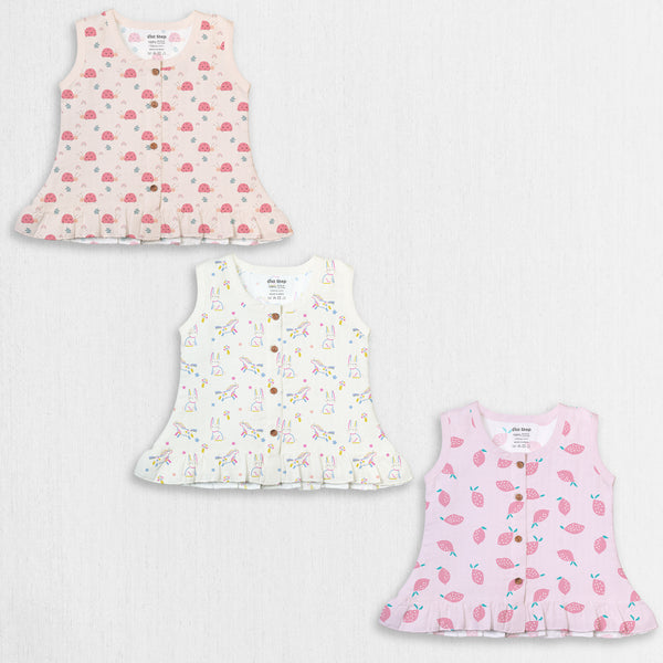 1st Step 100% Soft Muslin Cotton Button Baby Frill Frock - Pack Of 3 - New Born