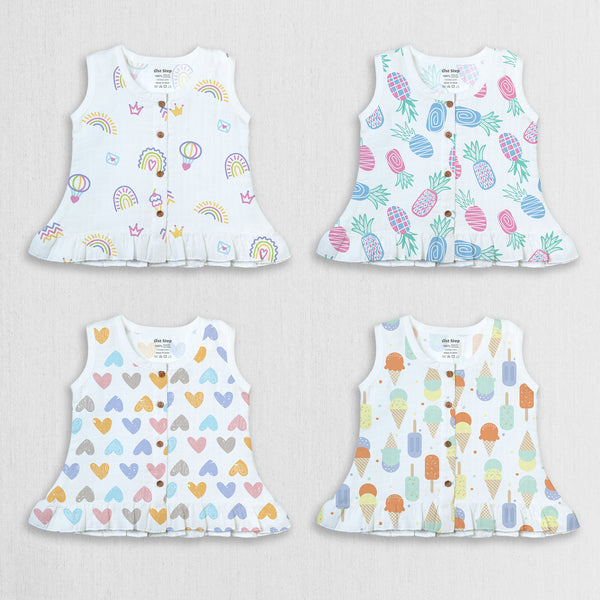 1st Step 100% Soft Muslin Cotton Button Baby Frill Frock - Pack Of 4 - 6-9 Months