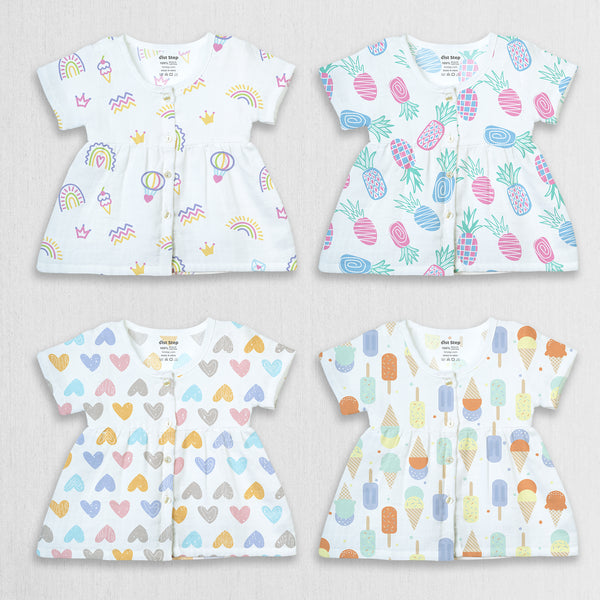 1st Step 100% Soft Muslin Cotton Button Half Sleeve Baby Frock - Pack Of 4 - New Born
