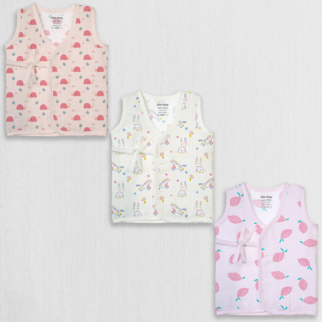 1st Step 100% Soft Muslin Cotton Side Knot Baby Jhabla - Pack Of 3 - N