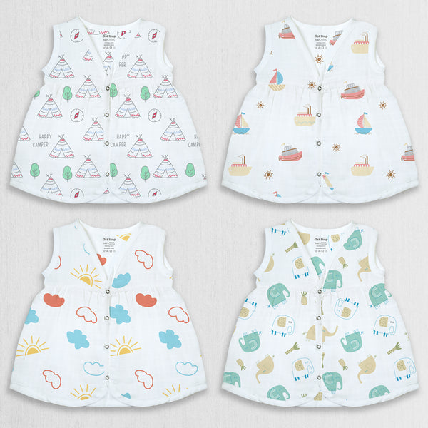 1st Step 100% Soft Muslin Cotton Snap Button Baby Frock - Pack Of 4 - 0-3 Months
