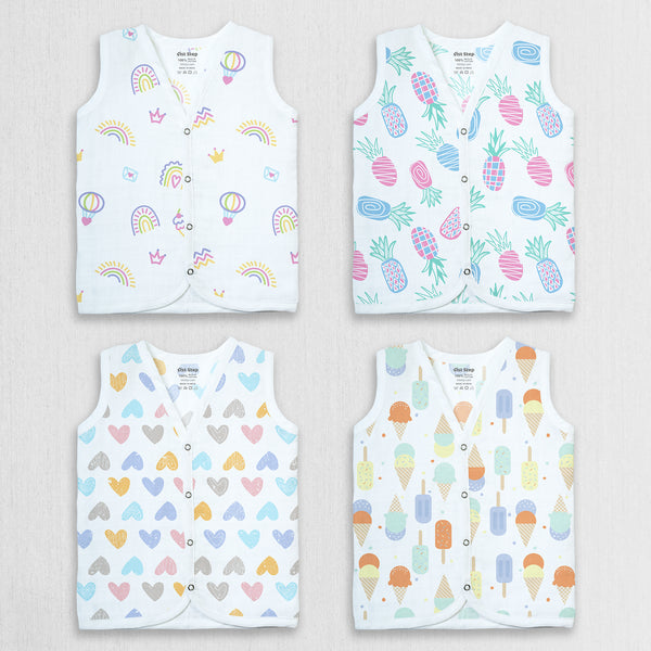 1st Step 100% Soft Muslin Cotton Snap Button Baby Jhabla - Pack Of 4 - 0-3 Months