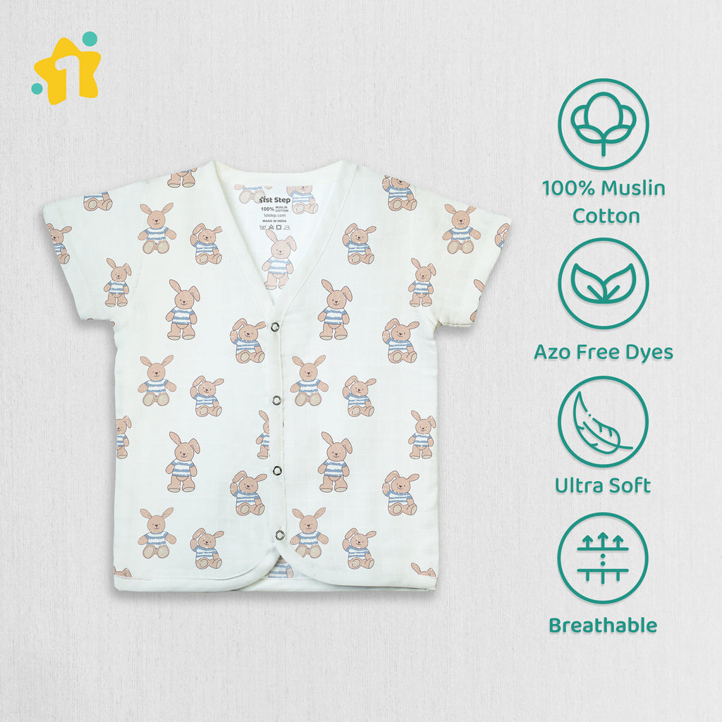 1st Step 100% Soft Muslin Cotton Snap Button Half Sleeve Baby Jhabla -