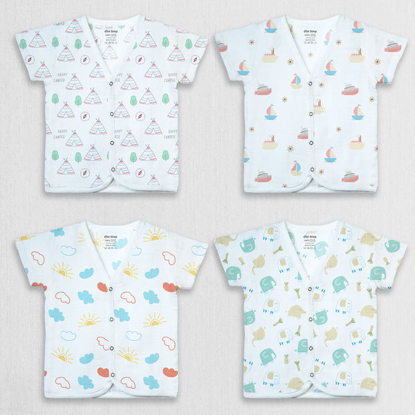 1st Step 100% Soft Muslin Cotton Snap Button Half Sleeve Baby Jhabla - Pack Of 4 - New Born