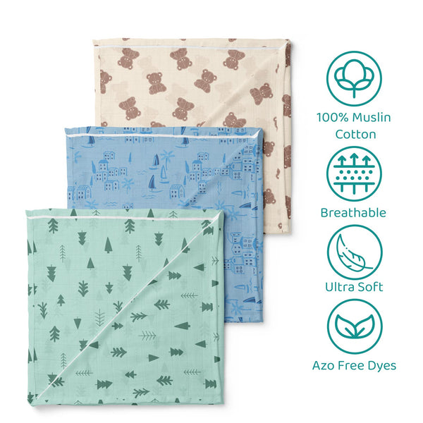 1st Step 100% Cotton Muslin Baby Swaddle Set, Pack of 3, Size-120cm x 100cm