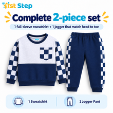1st Step Baby Boy Winter Sweatshirt and Jogger Set | 100% Cotton Looper Knit Co-ord | Full Sleeve Top with Checkerboard Sleeves and Matching Pants | Navy-blue & Grey Melange Winter Set