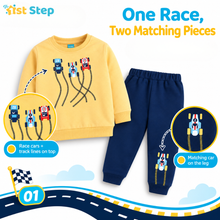 1st Step Baby Boy Sweatshirt and Jogger Set | 100% Cotton 2-Piece Tracksuit with Racing Car Print | Light Yellow Sweatshirt and Navy Blue Joggers - Winter Wear