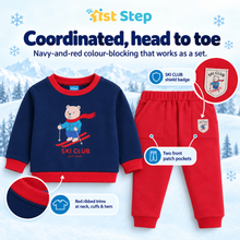 1st Step Baby Boy Sweatshirt and Jogger Set | 100% Cotton Looper Knit Winter Outfit | Navy Blue and Red 2-Piece Tracksuit with Skiing Bear Graphic